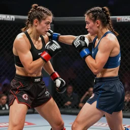 two girls fighting mma, hyperrealistic painting, detailed, 4 k resolution, unreal engine