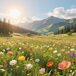 field of flowers sun day mountains artstation unreal ingine
