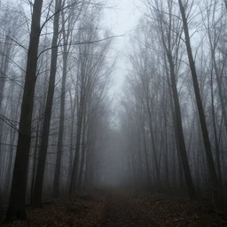Hazy dark photo of a Russian forest with dense fog, Sigma 28mm, overcast, trees without leaves