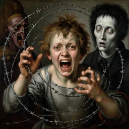 a boy made of barbed wire looking into camera, screaming in pain, by giuseppe arcimboldo and ambrosius benson, renaissance, intricate and intense oil paint, a touch of beksinski and hr giger and edward munch, realistic