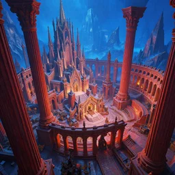 close shot angle from above of epic intrincated colliseum fantasy landscape, vibrant blue and red high contrast color scheme, warm highlights!, atmospheric perspective, large ancient giant colums!!!, gothic architecture!!!!, giant church of the gods!!!, pointy risks mountains, in the style of peter mohrbacher and greg rutkowski