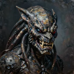 a portrait of the predator, oil on canvas, deep depth field, masterpiece, by zdzisław beksinski, trending on artstation, featured on pixiv, cinematic composition, hyper - detailed, hd, hdr, 4 k, 8 k