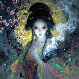 a beautiful terrifying ghost portrait black eyes geisha smoke death twisted trees cherry blossom, floating cloth whirlpool, butterfly hard lighting ethereal horror fantasy art blue, yellow, green, pink hues by karol bak raymond swanland, gaston bussiere craig mullins alphonse mucha basil gogos, monet, ruan jia, by wlop, moebius syd mead roger dean yoshitaka amano