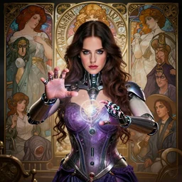 beautiful humanoid android, highly detailed vfx portrait lana del rey as a mage casting a spell, stephen bliss, unreal engine, sigils greg rutkowski, loish, rhads, beeple, makoto shinkai and lois van baarle, ilya kuvshinov, rossdraws, tom bagshaw, alphonse mucha, global illumination, detailed and intricate environment