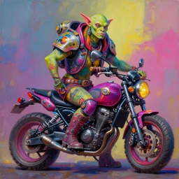 a portrait of a scifi post apocalyptic orc biker, scifi fantasy character design, psychedelic vibrant colors, futuristic punk rock fashion, oil painting by abigail larson art, sharp focus, realistic, highly detailed, 8 k