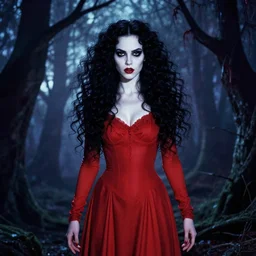 in the style of artgerm, full body, pretty alyson hannigan, evil dead demon, evil dead movie, red dress, symmetrical eyes, artgerm, symmetrical face, long curly black hair, trees, forest, branches, artgerm, cinematic lighting, evil dead creature, scary, artgerm