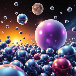 bubbles metallic spheres by beeple, artgerm, salvador dali, bruce pennington, frank, stella, makoto shinkai, angus mckie, alex grey, don bluth, akira toriyama, chris moore, kaja foglio, andre masson, dr. suess, brian despain, chesley bonestell. symbolism, surrealism, artstation, 8