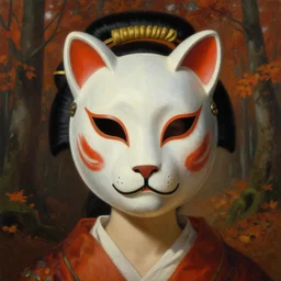 baroque neoclassicist close - up portrait of a woman wearing a retrofuturistic asian geisha animal mask, in front of an autumn forest. highly detailed science fiction painting by norman rockwell, frank frazetta, and syd mead. rich colors, high contrast, gloomy atmosphere. trending on artstation and behance.