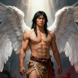 an indigenous warrior with angelic wings by tsuyoshi nagano, dramatic lighting, blood, god rays, angelical
