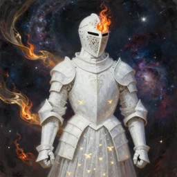 breathtaking detailed soft painting of white knight in medieval armor, gauze dress of fireflies and art nouveau sallet of embers, rembrandt style, in a nebulae galaxy with golden ribbons flying in flames, elegant, highly detailed, artstation, concept art, matte, sharp focus, art by Anato Finnstark, Richard Kane Ferguson and Greg Rutkowski