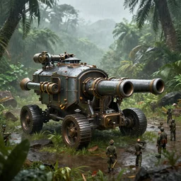 armored outpost steampunk, with cannons, rocket launcher, soldiers, in a jungle valley, in the rain, octane render, volumetric, unreal engine, depth of field