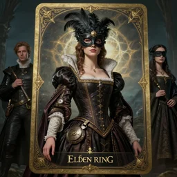 art by artgerm and greg rutkowski and ruan jia. elegant and grace female boss in elden ring. magic card art. renaissance noble costume, masked, feathers, cinematic, epic wide shot, artstation, sharp focus, smooth, establishing shot, sense of awe. delicate features. alluring. navigator gear. poster style, ultra realistic. ultra detailed