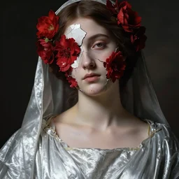 hyperrealism close - up mythological portrait of an exquisite medieval woman's shattered face partially made of crimson flowers in style of classicism, wearing silver silk robe, dark palette