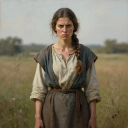 french poor angry rough dirty female peasant gang member in a tunic character portrait photoreal painting blanche