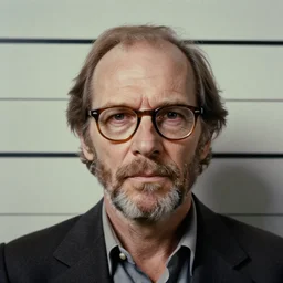 1970s of Mugshot Portrait of a middle aged old Willem Dafoe with glasses and no beard, with a receding hairline and balding with sideburns, dressed in 1970s menswear, taken in the 1970s, photo taken on a 1970s polaroid camera, grainy, real life, hyperrealistic, ultra realistic, realistic, highly detailed, epic, HD quality, 8k resolution, body and headshot, film still, front facing, front view, headshot and bodyshot, detailed face, very detailed face