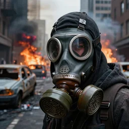 post - apocalyptic city streets, close - up shot of an anarchist with a gasmask, burned cars, explosions, colorful smoke, hyperrealistic, gritty, damaged, dark, urban photography, photorealistic, high details