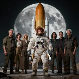 an astronaut monkey in front of spacex falcon 9, moon background, by john william godward and anna dittman and laurie greasley and victo ngai and taro okamoto and caspar david friedrich, full body portrait atmospheric lighting, intricate detail, cgsociety, hyperrealistic, octane render, rpg portrait, ambient light, dynamic lighting