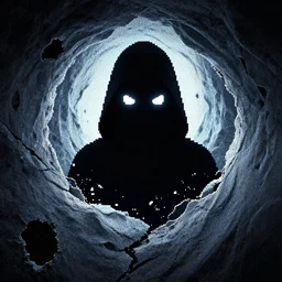 ! pixel sorting! hooded glowing eyes figure peering through rift in holescape tunneling!! pixel sorting!! pixel sort