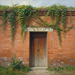 a beautiful painting of an ancient brick wall covered in vines with a closed portal, landscape, 8 k, photorealism
