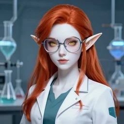 portrait of female elf in a lab, scientific jacket, big glasses, redhead, golden eyes, white skin, high fantasy, science, extremely detailed, sharp focus, smooth, digital illustration, by rossdraws, frank franzzeta, sakimichan