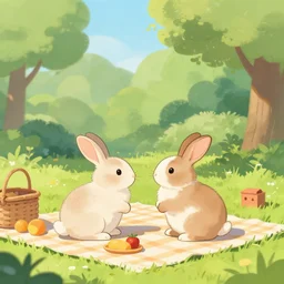 two rabbits in love with each other are having a picnic in the park, digital painting
