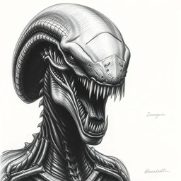 a realistic drawing of a angry xenomorph, portrait, rembrandt