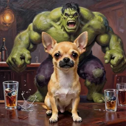 an action figure of a tan chihuahua schnauzer mix, mangy, big mustache, whale-eyeing, ebay listing, hd photo, never opened  painting by phil hale of a screaming, brutish, ogre-ish jon taffer!!! in a bar, broken glasses and drinks in the background, hulkish, towering, distressing, hd, high quality, visible texture and brush strokes
