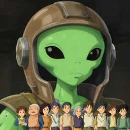portrait of giant green alien with a futuristic brown helmet, artstation, cartoon, elegant, highly detailed, digital painting, concept art, smooth, sharp focus, illustration, art by studio ghibli, makoto shinkai, don bluth, fujita goro, jean giraud, atey ghailan, akihiko yoshida, tom whalen, anton fadeev, 8 k