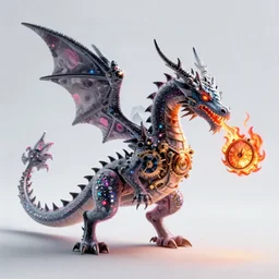 cyberpunk dragon made of psychedelic particle effects breathing a flame of clockwork and gears, high detail