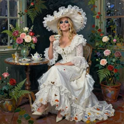 happy very thick paint brush strokes paint texture full body fashion model very worn out very rusty margot robbie by Jeremy Lipking by Hasui Kawase by Richard Schmid (((smokey eyes makeup eye shadow fantasy, glow, shimmer as victorian woman in a long white frilly lace dress and a large white hat having tea in a sunroom filled with flowers, roses and lush fern flowers ,intricate, night, highly detailed, dramatic lighting))) , high quality