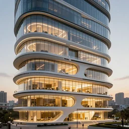 modern beautiful Saha Hadid building with lots of glass and cured surfaces, hypermaximalistic, high details, cinematic, 8k resolution, beautifully detailed, insanely intricate details, artstation trending, octane render, unreal engine, bright lit interiors, warm yellow lights, golden hour, city background in silhouette,
