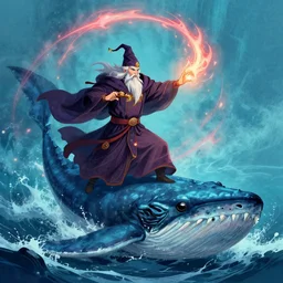 a powerful wizard casting spells at a kraken in the ocean, digital artwork