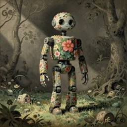 a floating floralpunk single robot, Gustave Doré art, Trending on unsplash.