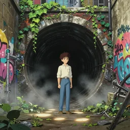 anime movie screenshot, character standing in edge of large dark void sewer pipe in underground london sewer, overgrown vines, bricks, street art, graffiti, colorful mural on walls, submerged dramatic, misty, sun puddles, ghibli, sharp focus, by koji morimoto, by tatsuyki tanaka, 4 k
