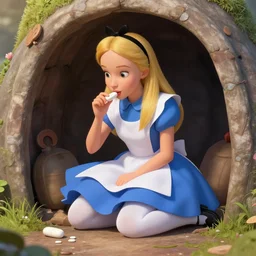concept art, alice in wonderland, who is in a bum's den, trying to eat a pill and grow up, realistic shaded lighting poster by ilya kuvshinov, magali villeneuve, artgerm, jeremy lipkin and michael garmash and rob rey