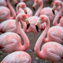A painting filled with flamingos edge to edge. No background, beautiful feather, soft pinks and hard contrasting black beaks. insane detail, photorealistic, cinema4D, extremely high aperture.