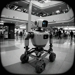 camera footage of a Big Dog Robot in an abandoned shopping mall, high exposure, dark, monochrome, camera, grainy, CCTV, security camera footage, timestamp, zoomed in, fish-eye lense, Robot, Drone, Titan,