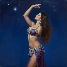painting of a belly dancer looking at a starry sky, stylized, highly detailed, soft light