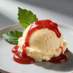 dslr food photograph of vanilla ice cream with ketchup on, a leaf on the ice cream, french fries on the side, a bottle of ketchup, bokeh, 8 5 mm f 1. 4