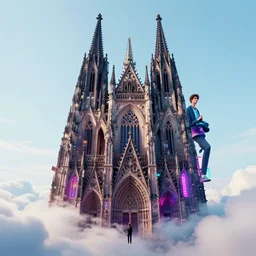 a gothic cathedral floating above the clouds dan mumford and josan gonzalez and simon stalenhag, cyberpunk, vibrant, neon signs, high contrast, light blue sky