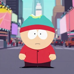 a cartoon still image of south park's cartman standing in busy times square new york holding a slice of pizza. bright scene. fine detail. this 4 k hd image is trending on artstation, featured on behance, is well - rendered, extra crisp and features intricate detail.