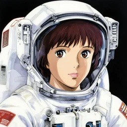 portrait of female astronaut painted in miyazaki color style drawn by katsuhiro otomo and takato yamamoto, high detail, intricate linework, sharp, smooth face, china doll face, high detail, manga and anime