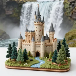 high - res photograph of a felt and needle point sculpture diorama with fantasy castles, highly detailed sculpey diorama, forest setting in iceland, waterfall backdrop, realistic materials, wood, felt, cloth, burlap, copper wire, hot glue, smooth, sharp foccus, commercial product photography,