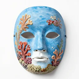 a coral reef painted on a plaster mask, white background