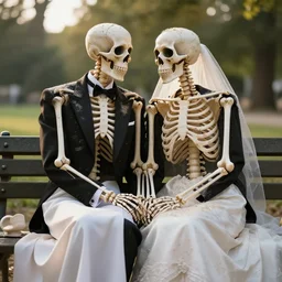 front view portrait of two! romantic skeleton! wearing tuxedo and wedding dress sitting on a park bench, tenderly holding their hands, partially covered with dust, cinematic lighting, late afternoon, photorealistic image
