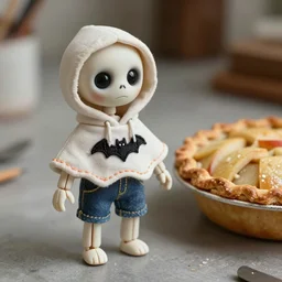an adorable simple ball jointed skeleton doll lovingly crafted and sculpted by hand from porcelain glass on a toy workbench beside a fresh from the oven apple pie, wearing a little hand stitched bat poncho hoodie and jean shorts with love in every stitch, worms eye view, macro camera lens, cinematic, focus