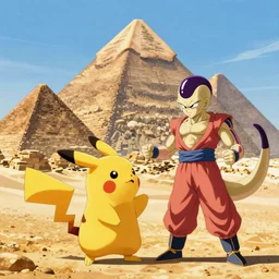 goku dressed up as pikachu fighting freeza above the pyramids