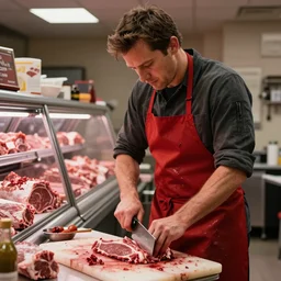 ashton kutcher as a butcher wearing a bloody apron with a cleaver in his hand as he chops meat while working in a deli, realistic, hyperrealistic, ultra realistic, real, real world, highly detailed, very detailed, extremely detailed, intricate details, 8 k resolution, hd quality