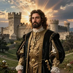 a portrait of a noble lord in a scenic environment by josan gonzalez, castle in the background