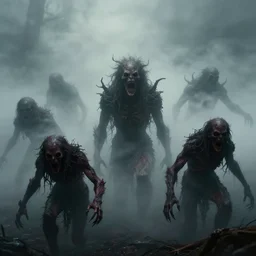 photo of hellish creatures emerging from a thick mist, horror atmosphere, fear, mystery, dramatic, 8 k uhd